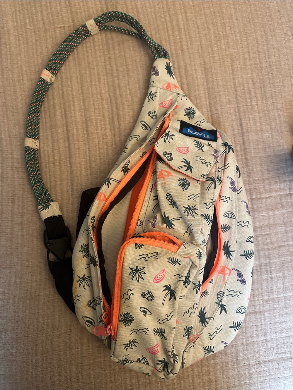 Kavu Cream Tropical Print Rope Sling Bag with Orange Trim